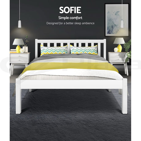 Artiss SOFIE white pine bed frame styled in contemporary bedroom — Allure Home Collections