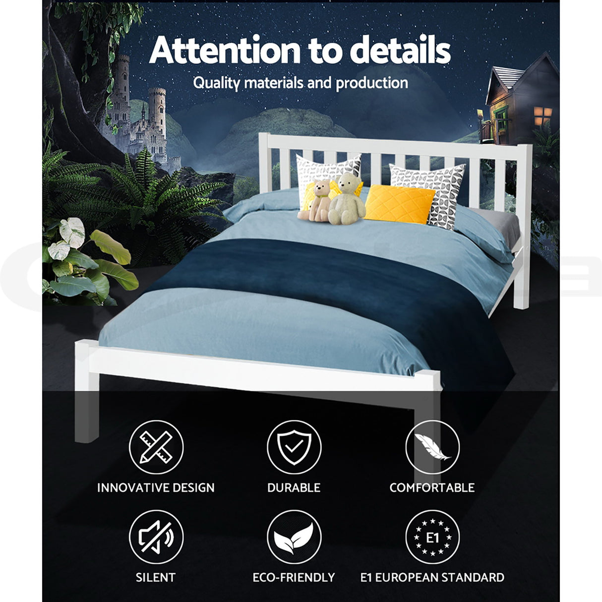 Artiss SOFIE queen white pine bed frame from foot end — Allure Home Collections