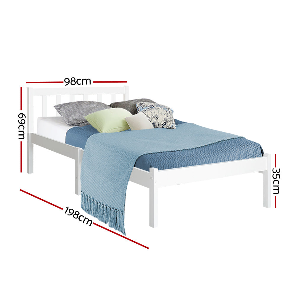 Artiss SOFIE single white pine bed frame from foot end — Allure Home Collections