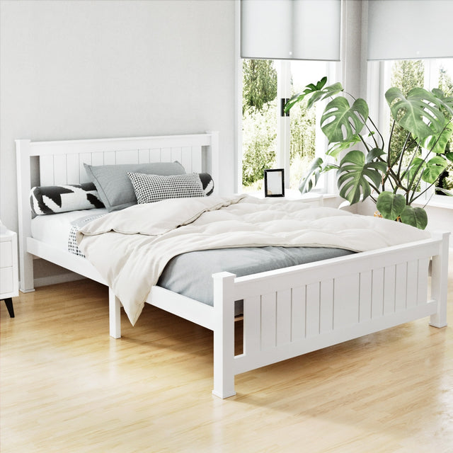 Artiss RIO double solid pine bed frame in white — full front view — Allure Home Collections