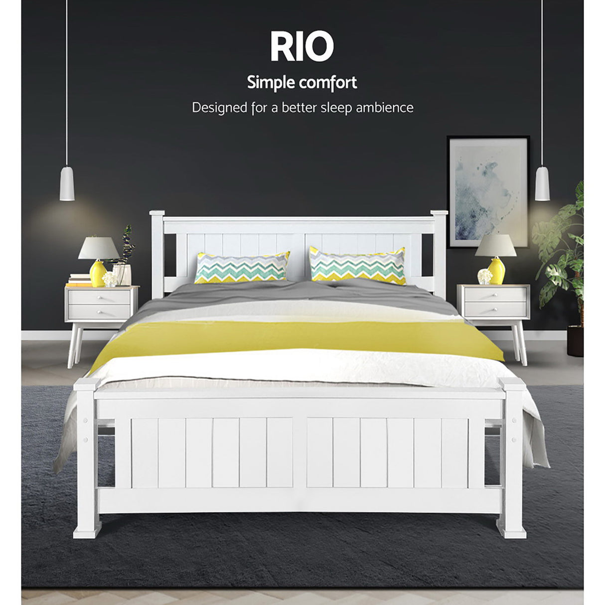 Artiss RIO double white pine bed frame side profile showing 28.5cm clearance — Allure Home Collections