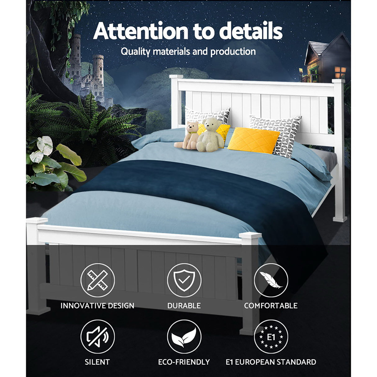 Artiss RIO white pine double bed frame styled in bedroom — Allure Home Collections
