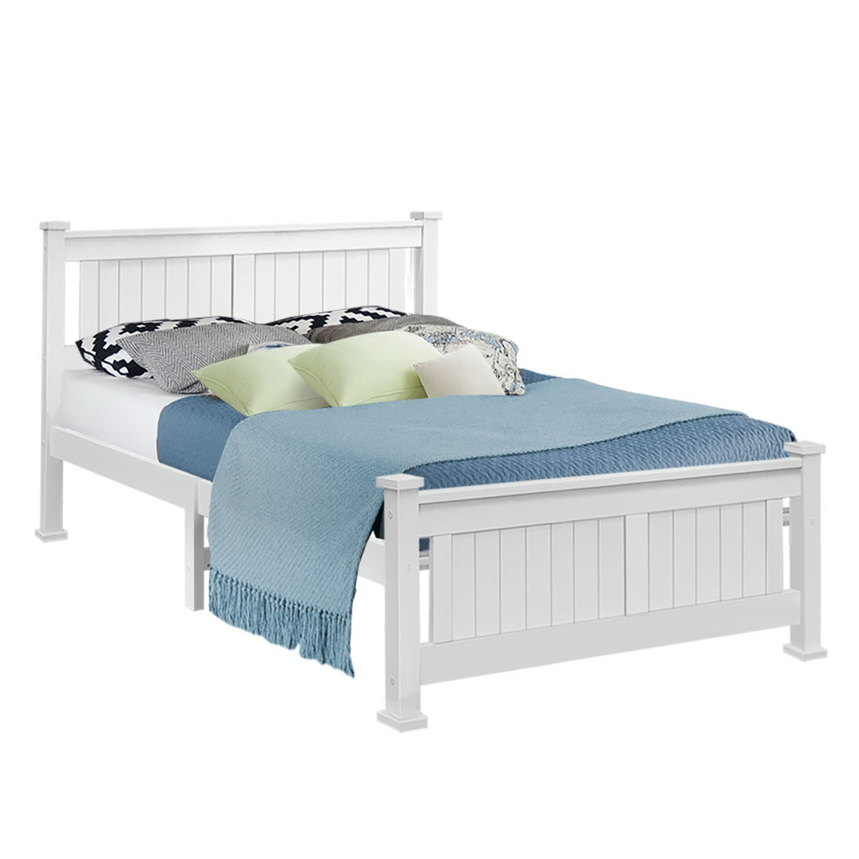 Artiss RIO white solid pine double bed frame showing Australian mattress fit — Allure Home Collections