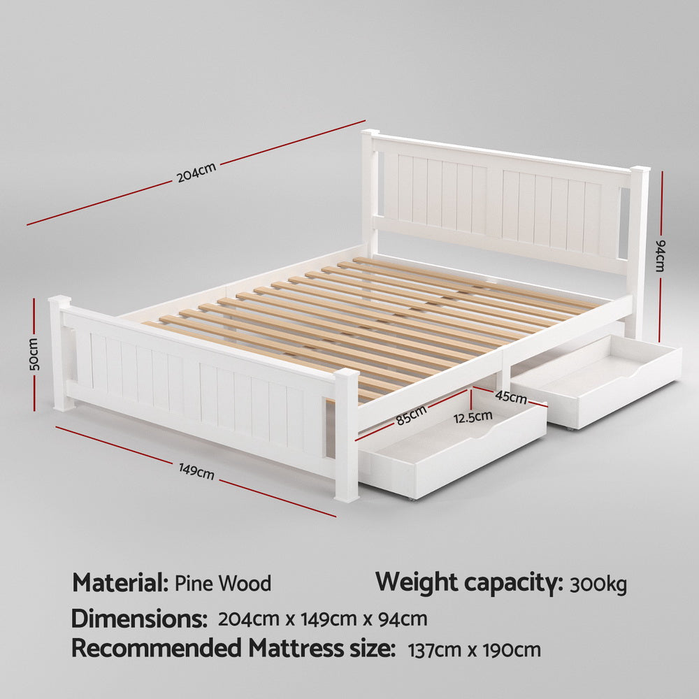 Artiss RIO double white pine storage bed frame showing 2 drawers open — Allure Home Collections
