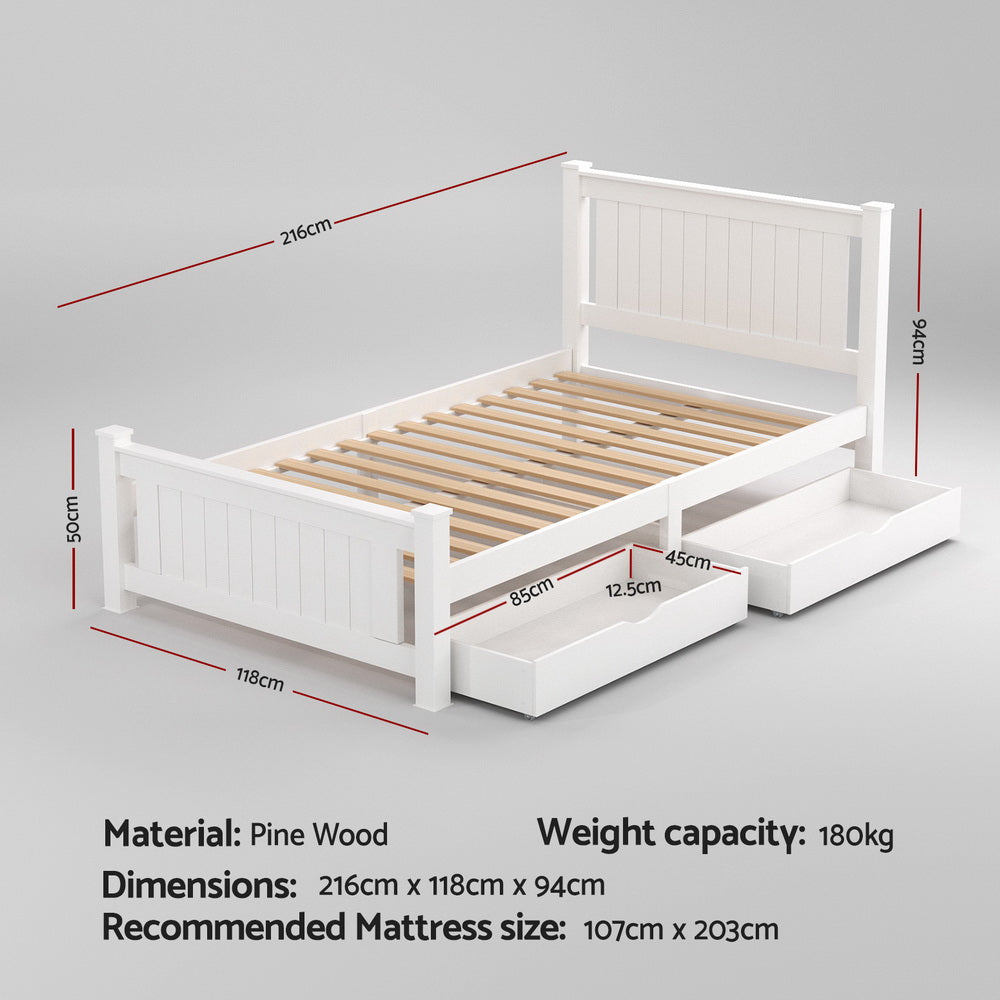 Artiss RIO king single white pine storage bed frame showing 2 drawers open — Allure Home Collections