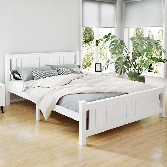 Artiss RIO queen solid pine bed frame in white — full front view — Allure Home Collections