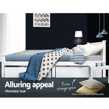 Artiss RIO white solid pine queen bed frame showing underbed clearance — Allure Home Collections