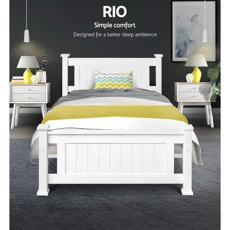 Artiss RIO single white pine bed frame side profile — Allure Home Collections