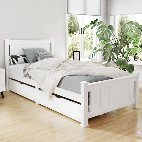Artiss RIO single white pine bed frame with 2 storage drawers — full front view — Allure Home Collections