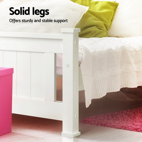 Artiss RIO single white storage bed frame showing 2 drawers open — Allure Home Collections