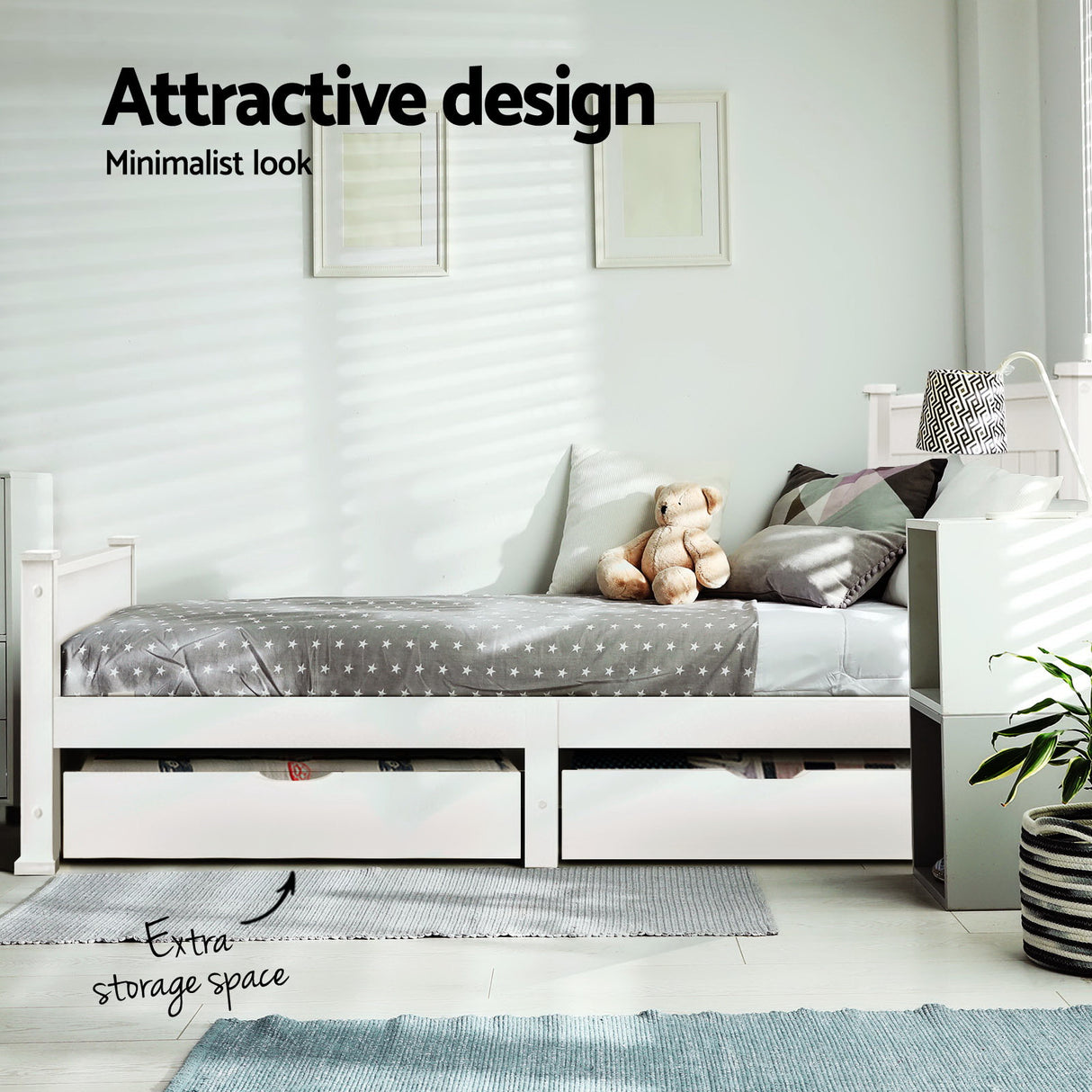 Artiss RIO single white pine storage bed frame from foot end — Allure Home Collections