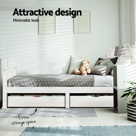 Artiss RIO single white pine storage bed frame from foot end — Allure Home Collections