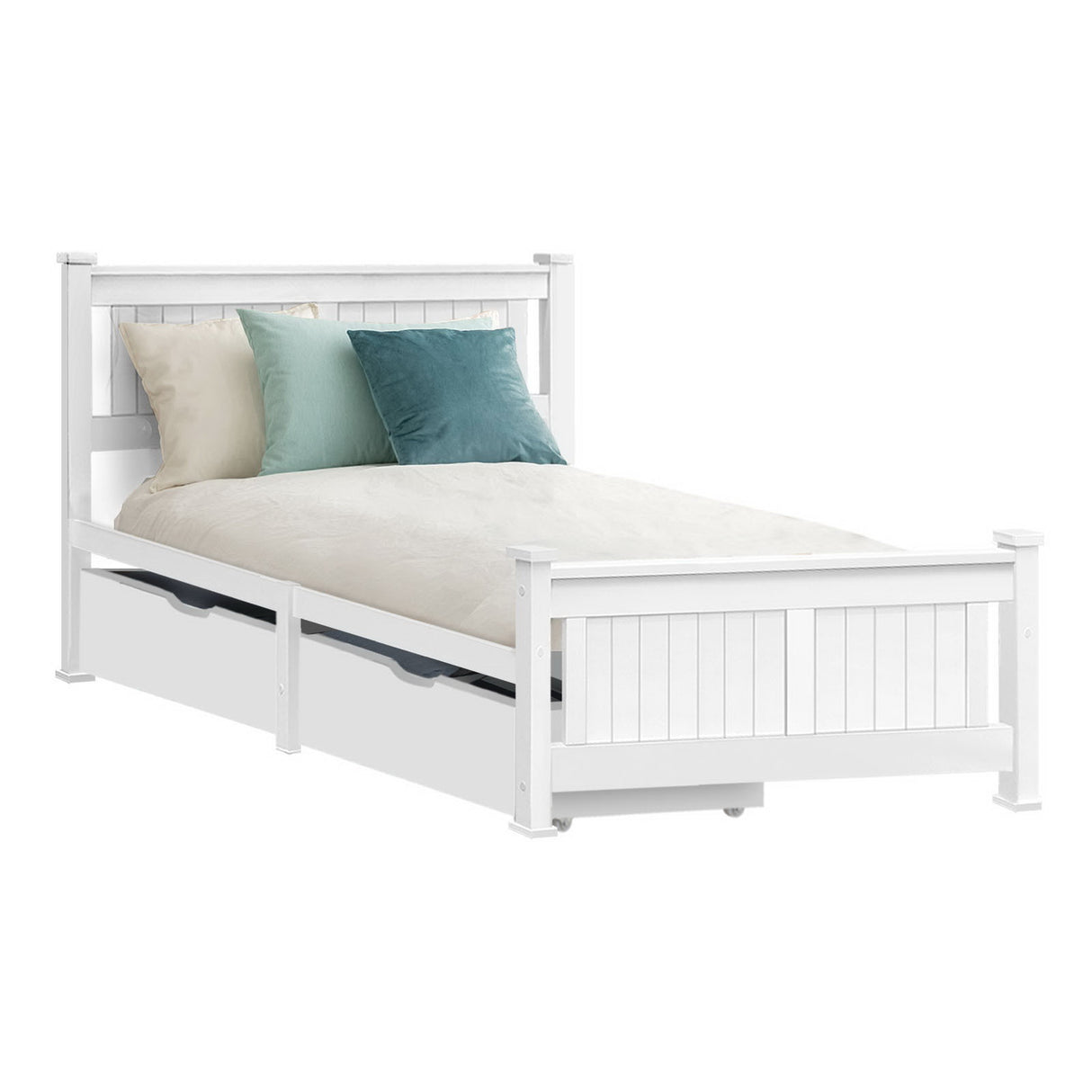 Artiss RIO single white pine storage bed frame showing 1-year warranty — Allure Home Collections