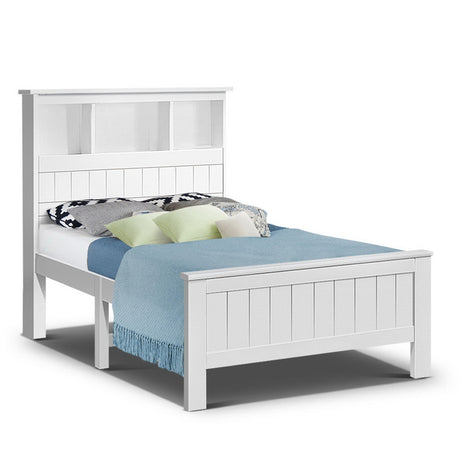Artiss king single pine bed frame with 3 shelf headboard in white — full view — Allure Home Collections
