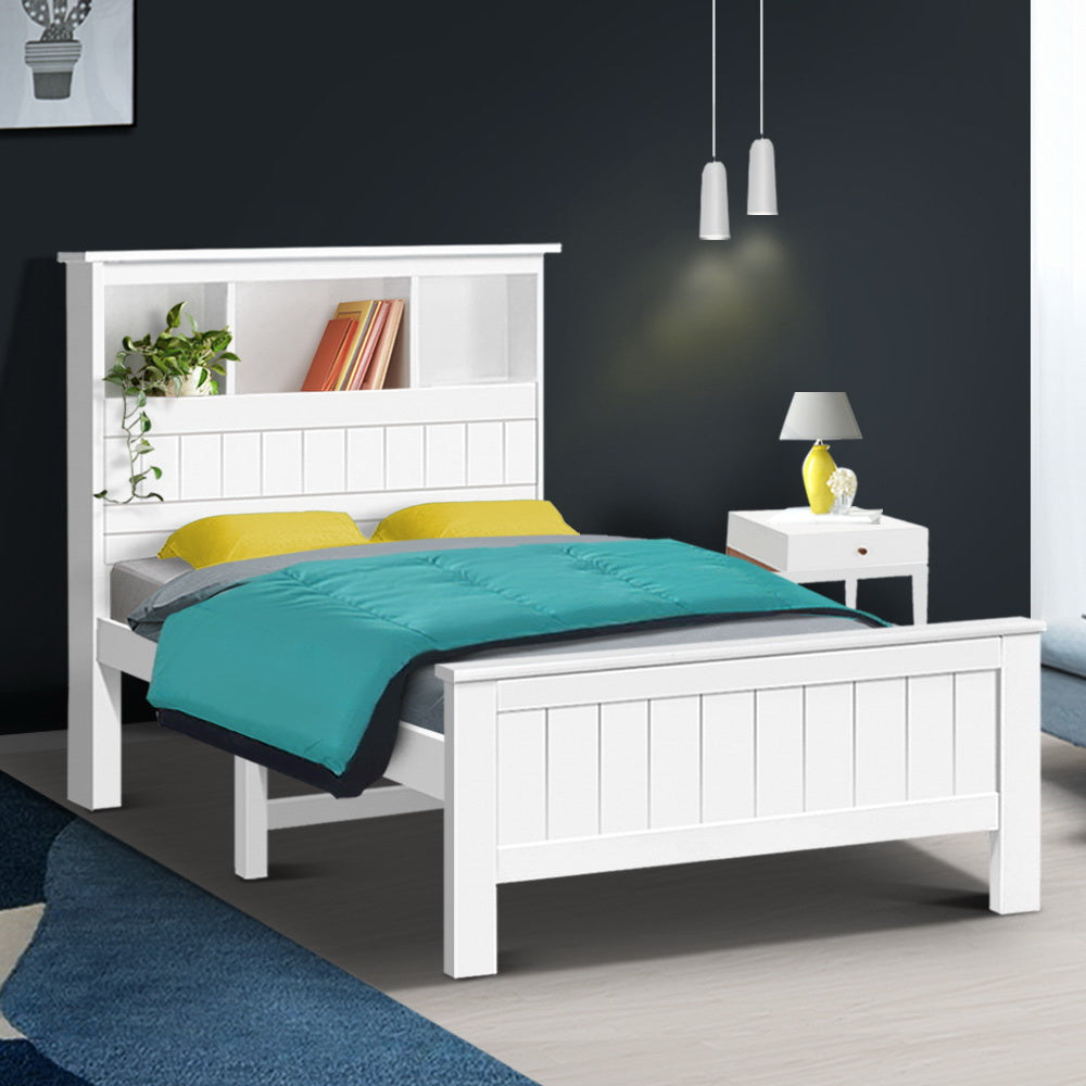 Artiss 3-shelf headboard detail showing open shelf storage — Allure Home Collections