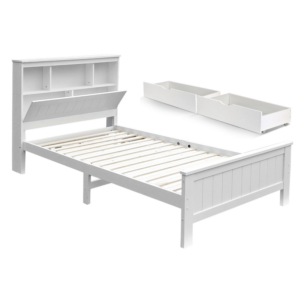 Artiss Conqueror king single pine bed frame with 2 storage drawers in white — full view — Allure Home Collections