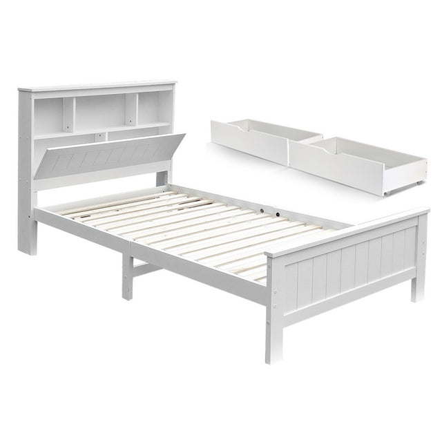 Artiss Conqueror king single pine bed frame with 2 storage drawers in white — full view — Allure Home Collections