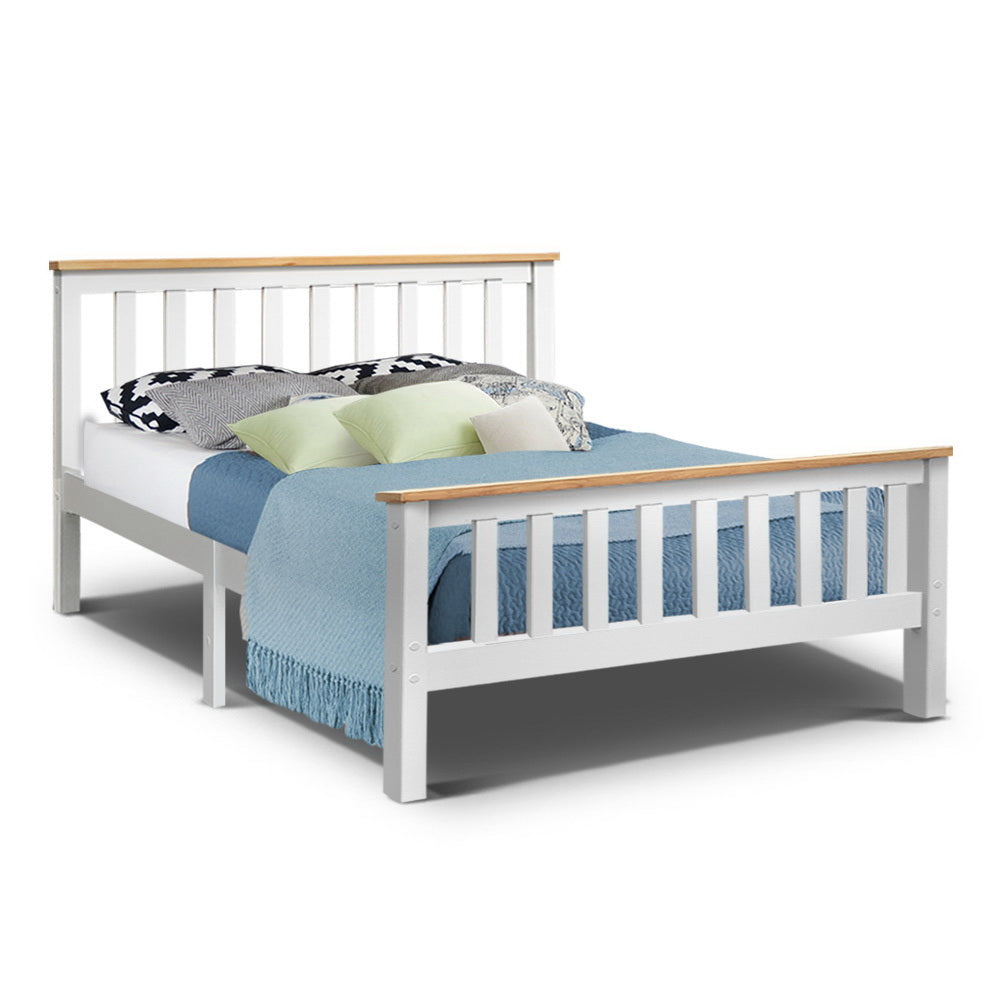 Artiss PONY double white solid pine bed frame showing 200 x 147 x 82cm proportions — Allure Home Collections