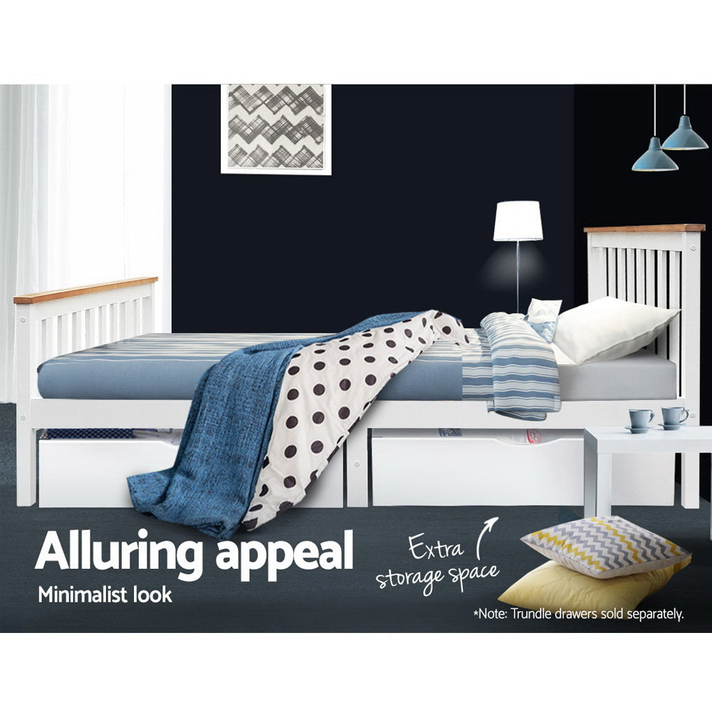 Artiss PONY white pine double bed frame leg and timber slat detail — Allure Home Collections