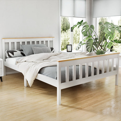 Artiss PONY double bed frame in solid pine white — full front view — Allure Home Collections