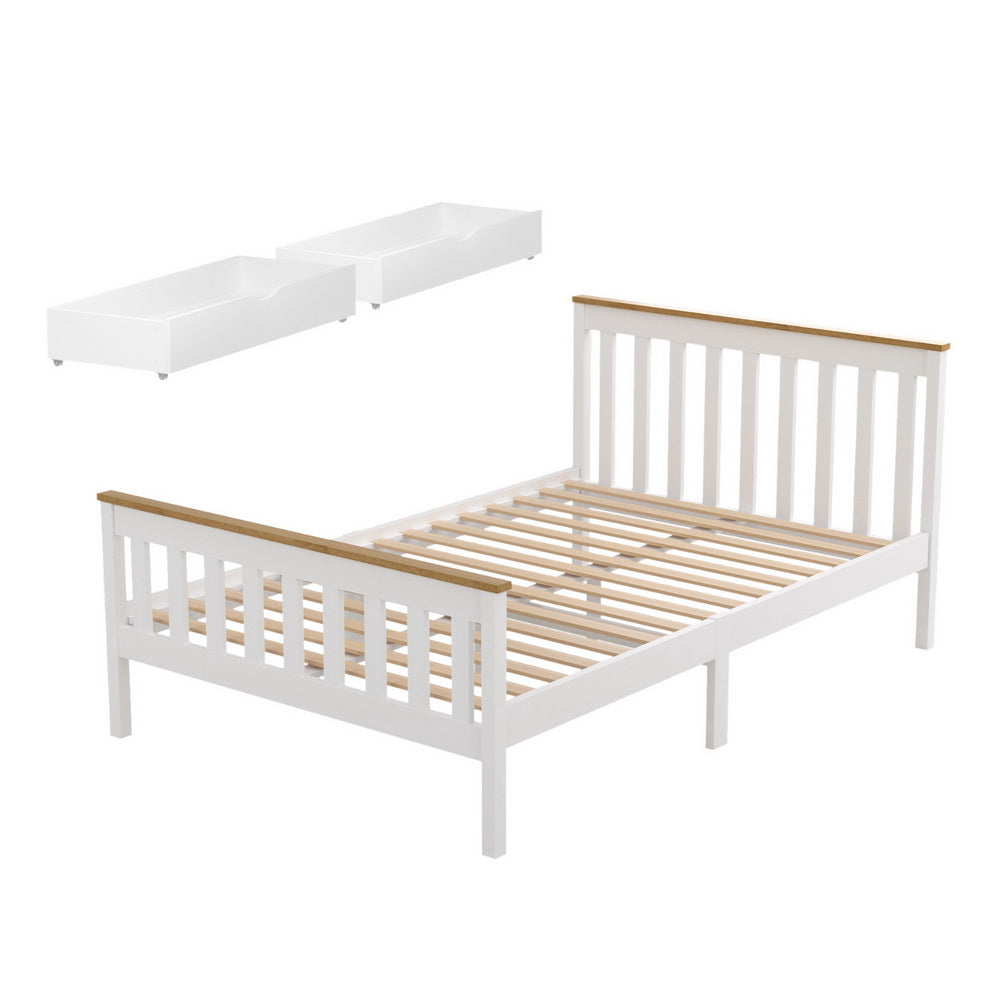 Artiss PONY double white storage bed frame showing 2 drawers open — Allure Home Collections