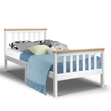 Artiss PONY single white pine bed frame showing Australian mattress fit — Allure Home Collections