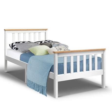 Artiss PONY single white pine bed frame showing Australian mattress fit — Allure Home Collections