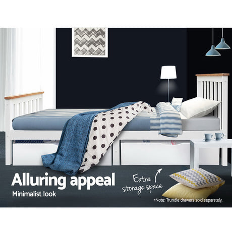 Artiss PONY white single solid pine bed frame showing 204 x 100 x 82cm — Allure Home Collections