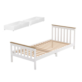 Strathfield single white solid pine wooden bed with two storage drawers in a bright bedroom