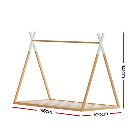 Artiss ENID kids house single bed frame in solid pine oak — full front view — Allure Home Collections