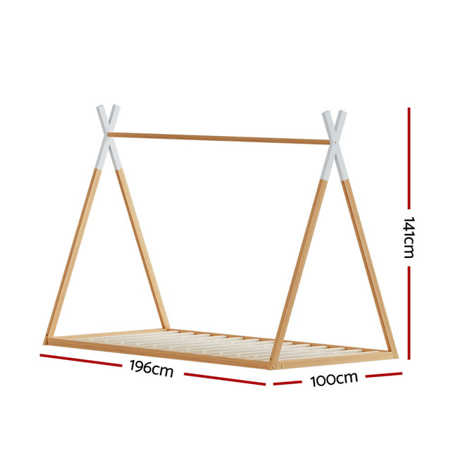 Artiss ENID kids house single bed frame in solid pine oak — full front view — Allure Home Collections