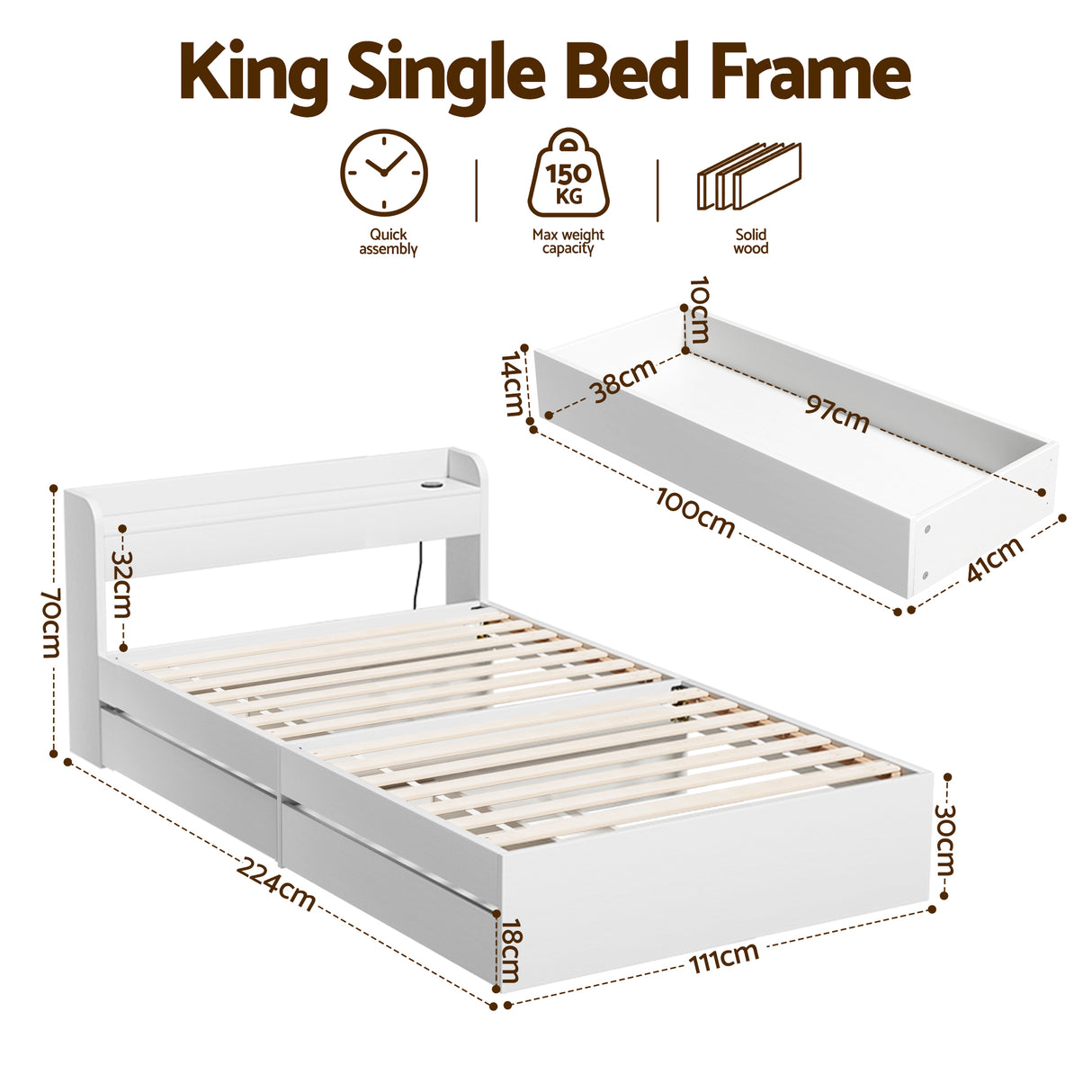 Portsea King Single Bed with Charging, White, view 2