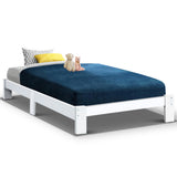 Artiss JADE white single solid pine bed frame showing Australian mattress fit — Allure Home Collections