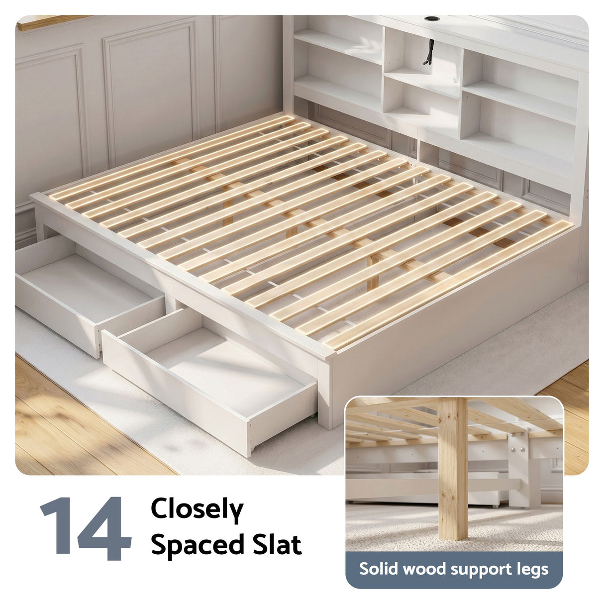 Byron Farmhouse Double Bed with Storage, White, view 2