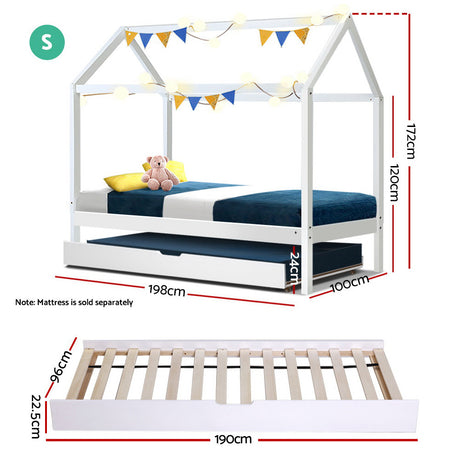 Artiss HOLY Kids House Trundle Daybed — White Solid Pine — Allure Home Collections
