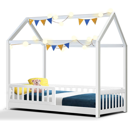 Kids house single bed frame in white