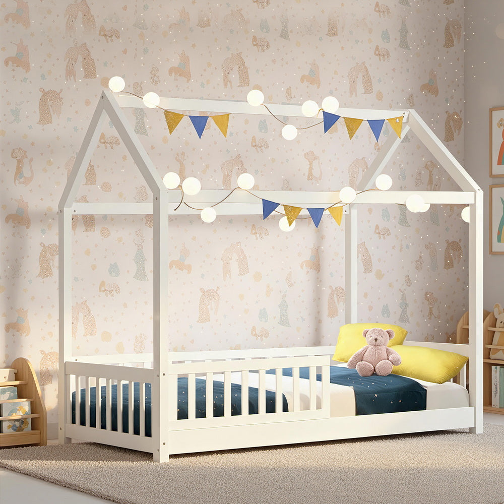 Kids house single bed frame in white