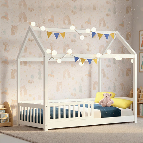 Kids house single bed frame in white
