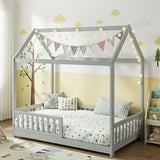Kids house single bed frame in light grey
