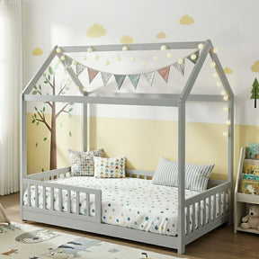 Kids house single bed frame in light grey
