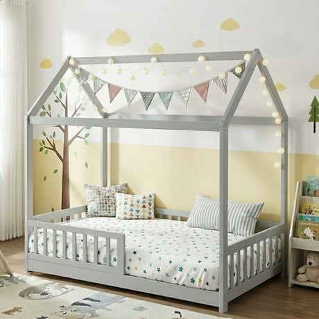 Kids house single bed frame in light grey