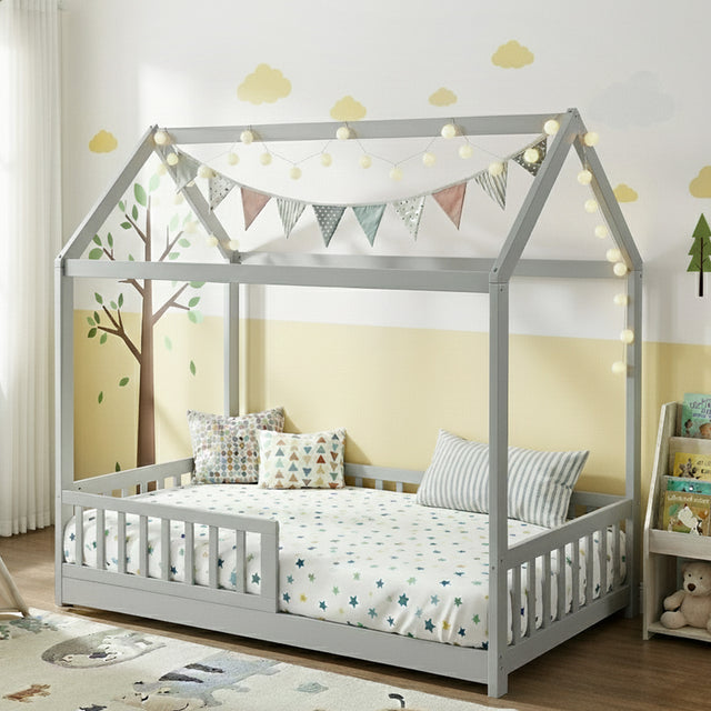 Kids house single bed frame in light grey
