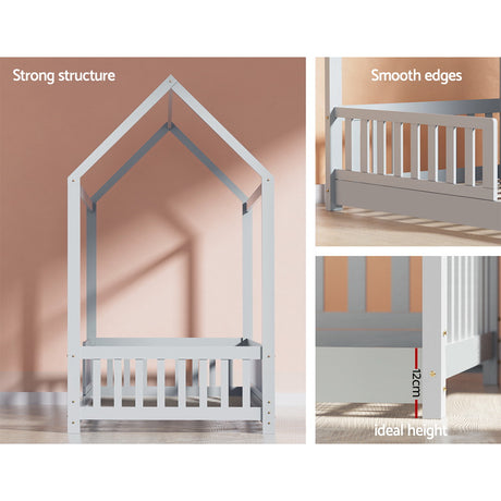Kids house single bed frame in light grey