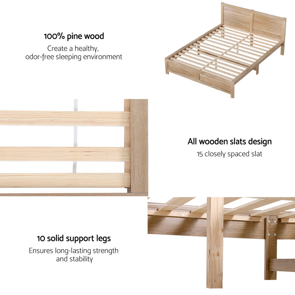 Artiss double acacia wood oatmeal bed frame showing 300kg capacity — Allure Home Collections