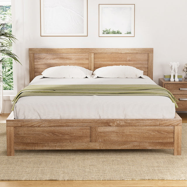 Artiss double acacia wood bed frame in oatmeal light oak veneer — full front view — Allure Home Collections