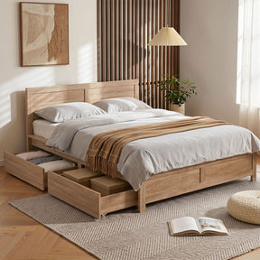 Vaucluse wooden bed in a pine blend with two built in storage drawers in a modern bedroom