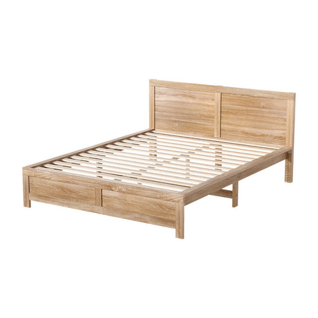 Artiss acacia bed frame light oak veneer headboard close-up showing smooth finish — Allure Home Collections