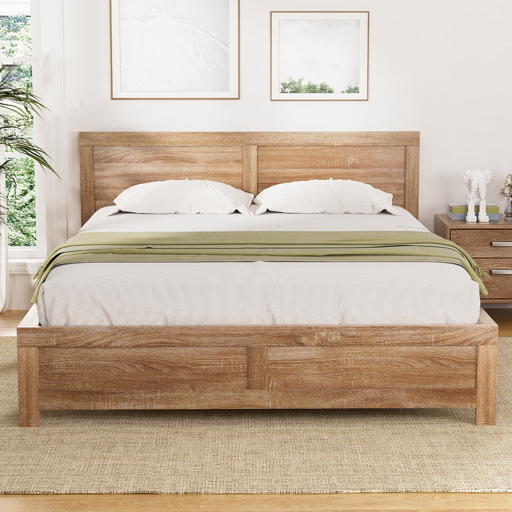 Artiss acacia wood queen bed frame in oatmeal light oak veneer — full view — Allure Home Collections
