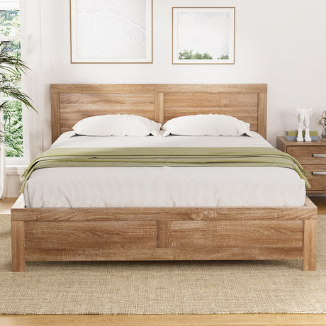 Artiss acacia wood queen bed frame in oatmeal light oak veneer — full view — Allure Home Collections