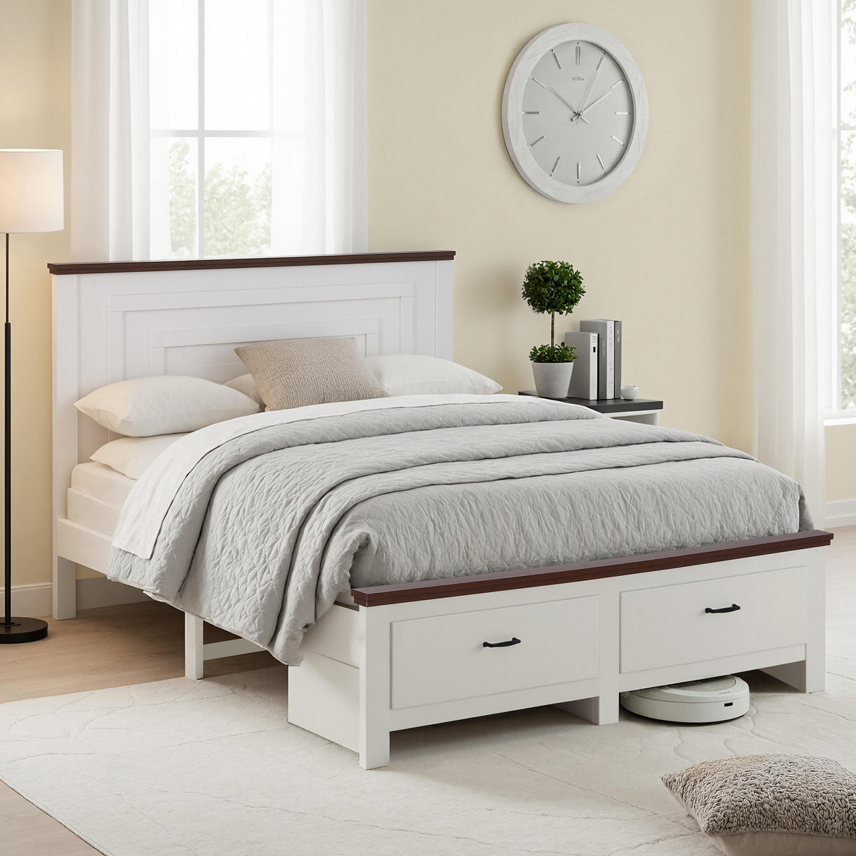 Belmont Queen Wooden Bed with Drawers, White